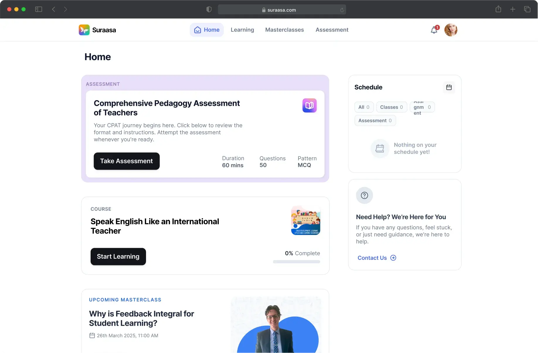 Teacher Growthspace dashboard showing assessments, courses, and masterclasses